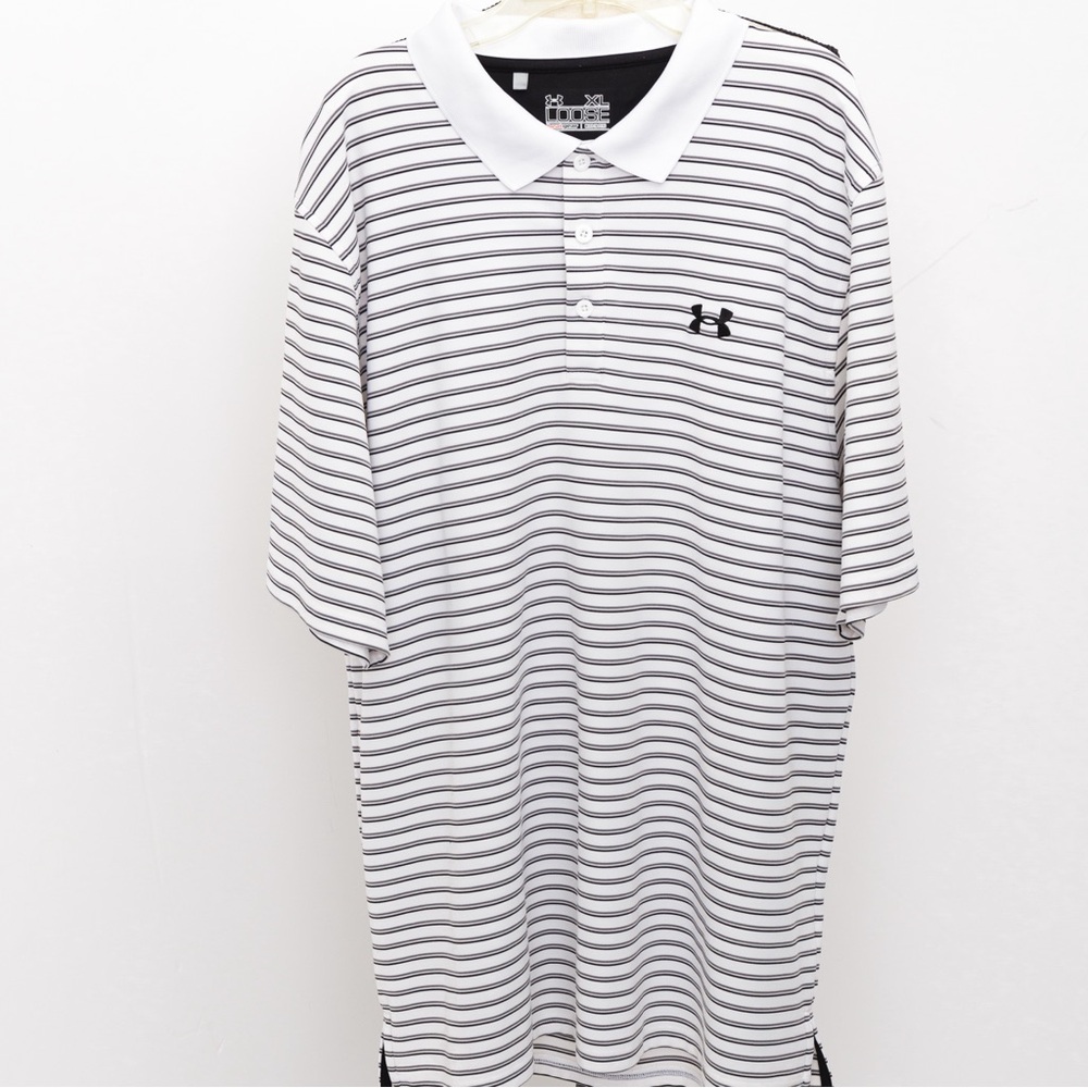 Under Armour heat gear loose fit polo style stripe shirt white, gray, & black XL - Picture 4 of 12